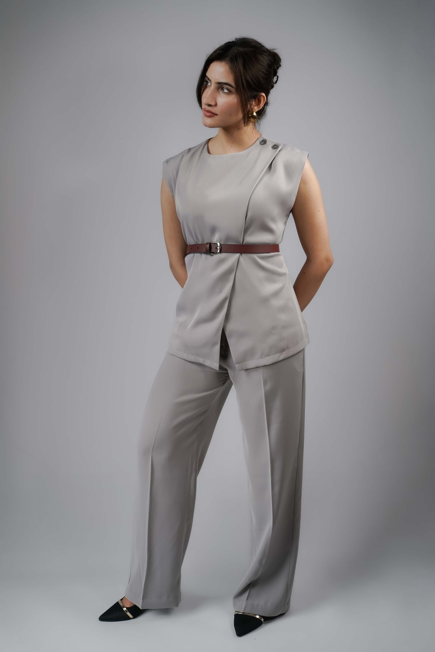 Pebble Grey Wrap top (with Belt)