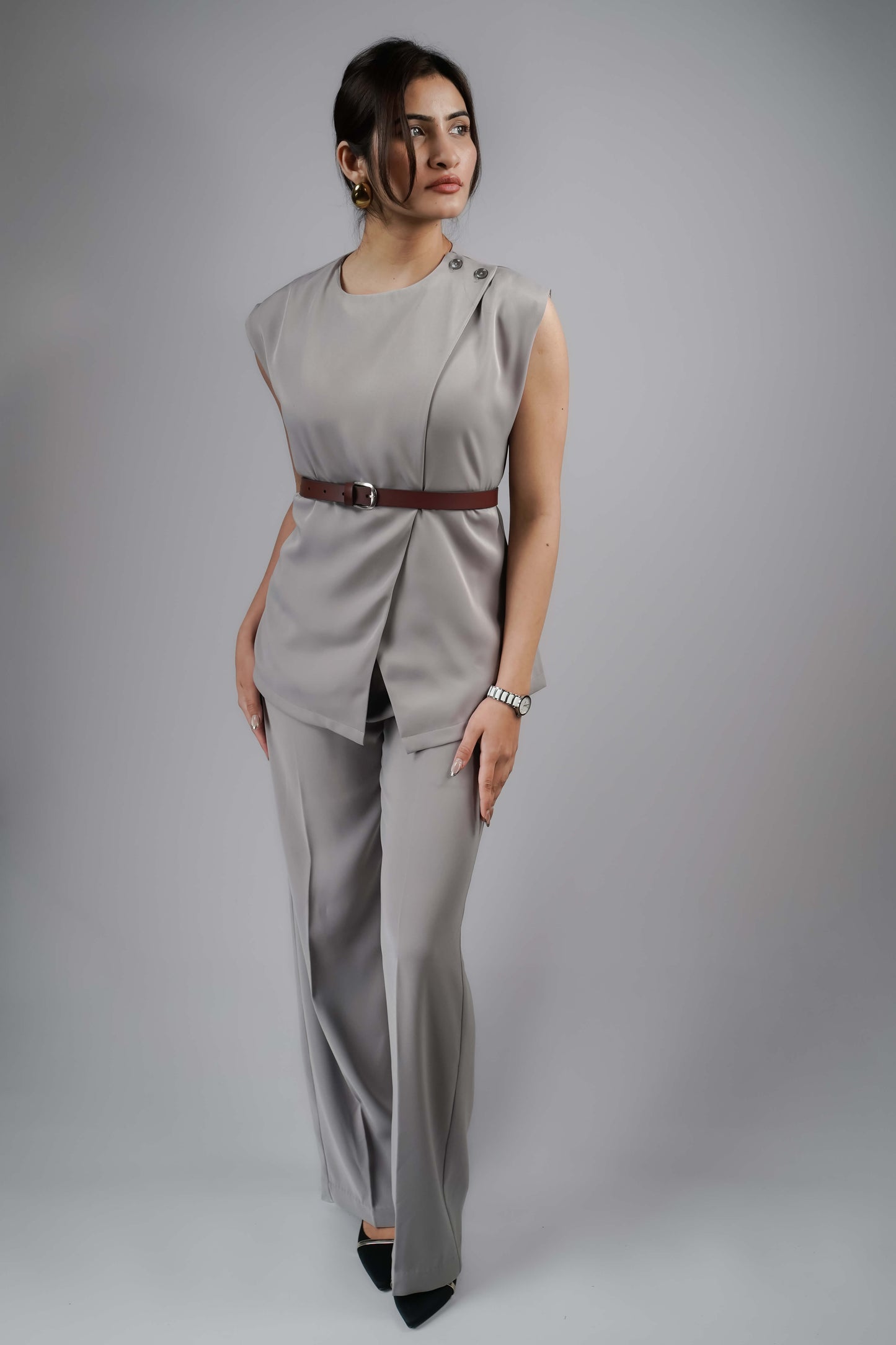 Pebble Grey Wrap top (with Belt)