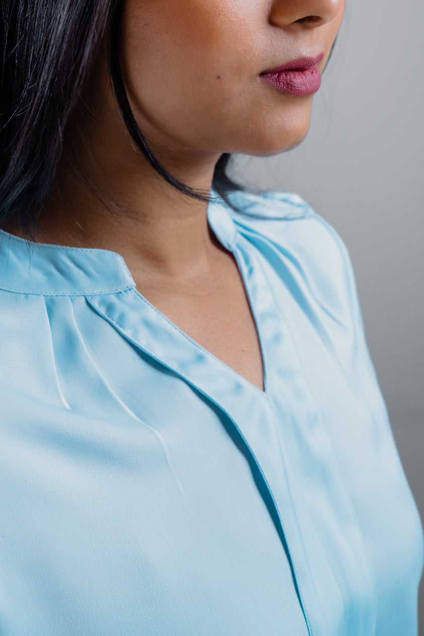 Sky Blue Pleated Satin Shirt