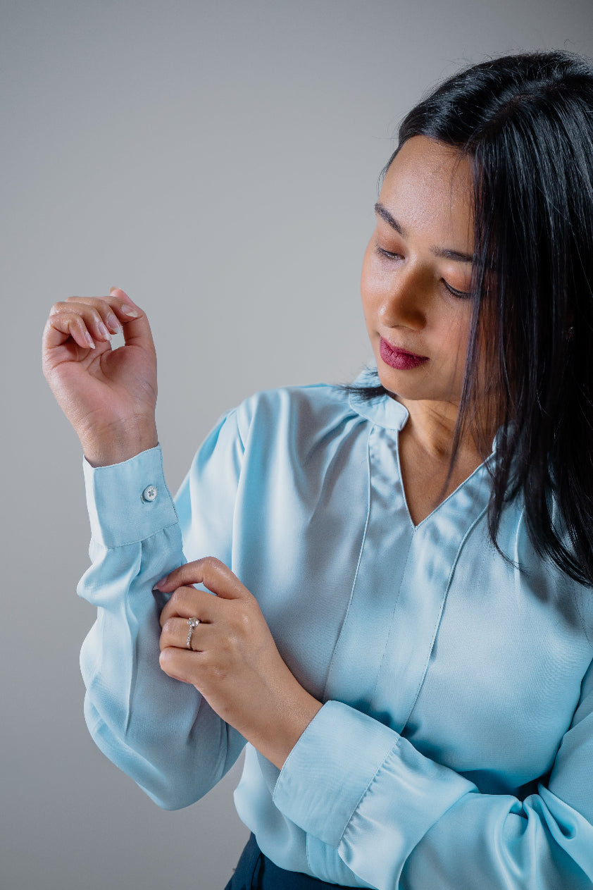 Sky Blue Pleated Satin Shirt