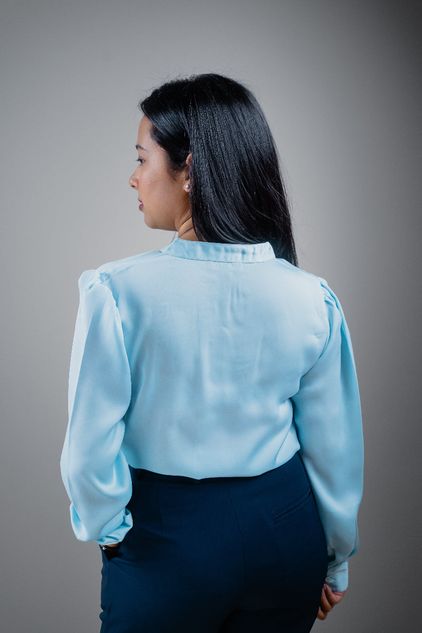 Sky Blue Pleated Satin Shirt