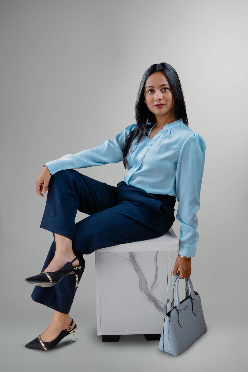 Sky Blue Pleated Satin Shirt