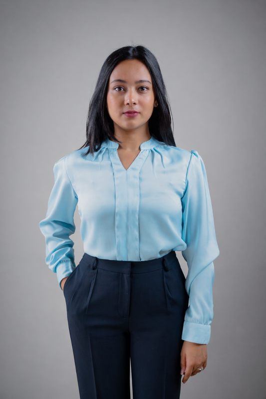 Sky Blue Pleated Satin Shirt